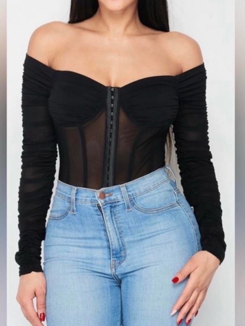 Black Mesh Corset Bodysuit Long Sleeve Ruched Off Shoulder Small